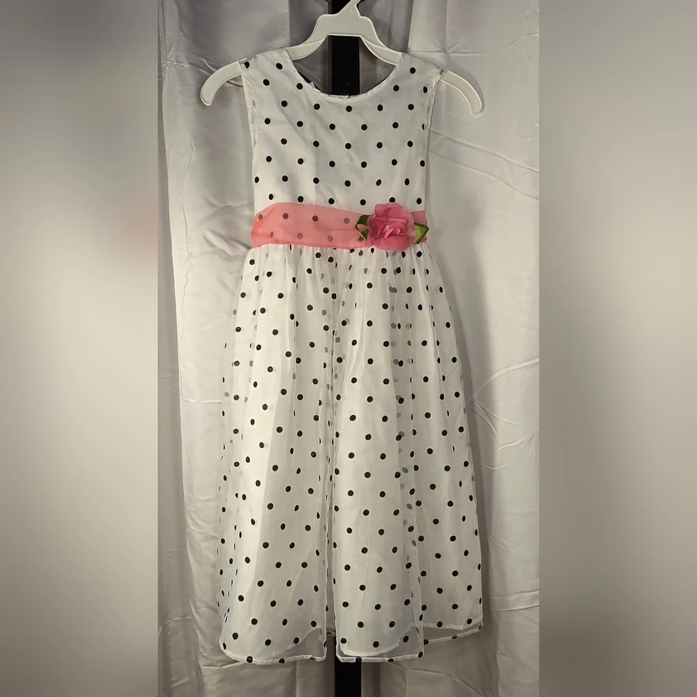 Cute White Polka Dot Kids‎ Spring Or Easter Dress with Pink Sash